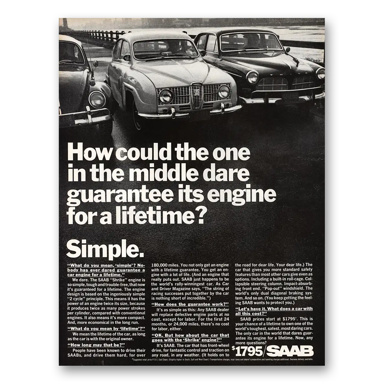 1967 Saab One in the Middle Guarantee Its Engine Vintage Magazine Print Ad