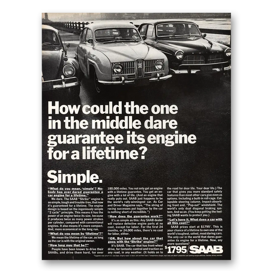 1967 Saab One in the Middle Guarantee Its Engine Vintage Magazine Print Ad