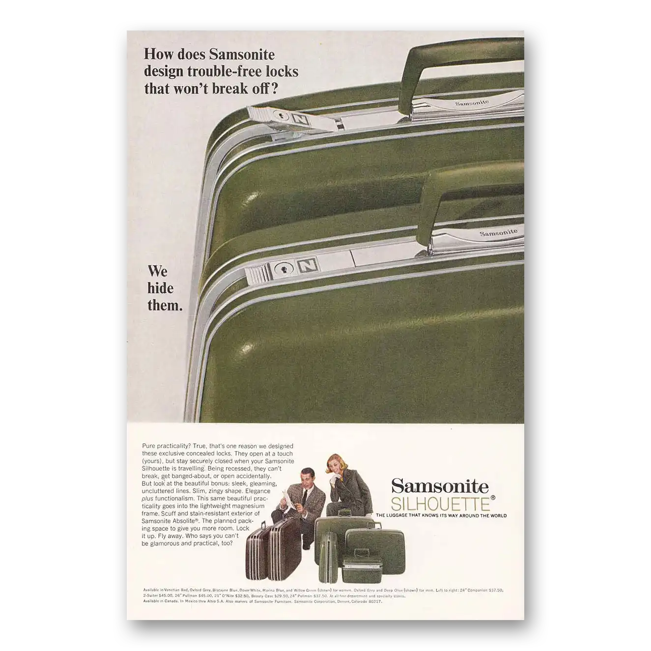 1967 Samsonite Luggage Silhouette Green Vintage Magazine Print Ad