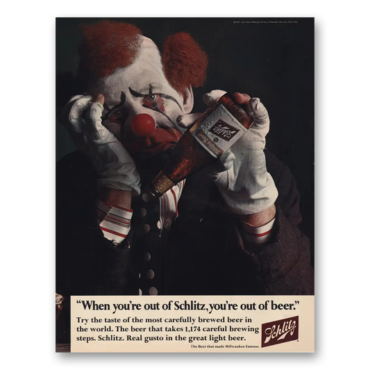 1967 Schlitz Beer When You're Out of Schlitz Clown Vintage Magazine Print Ad