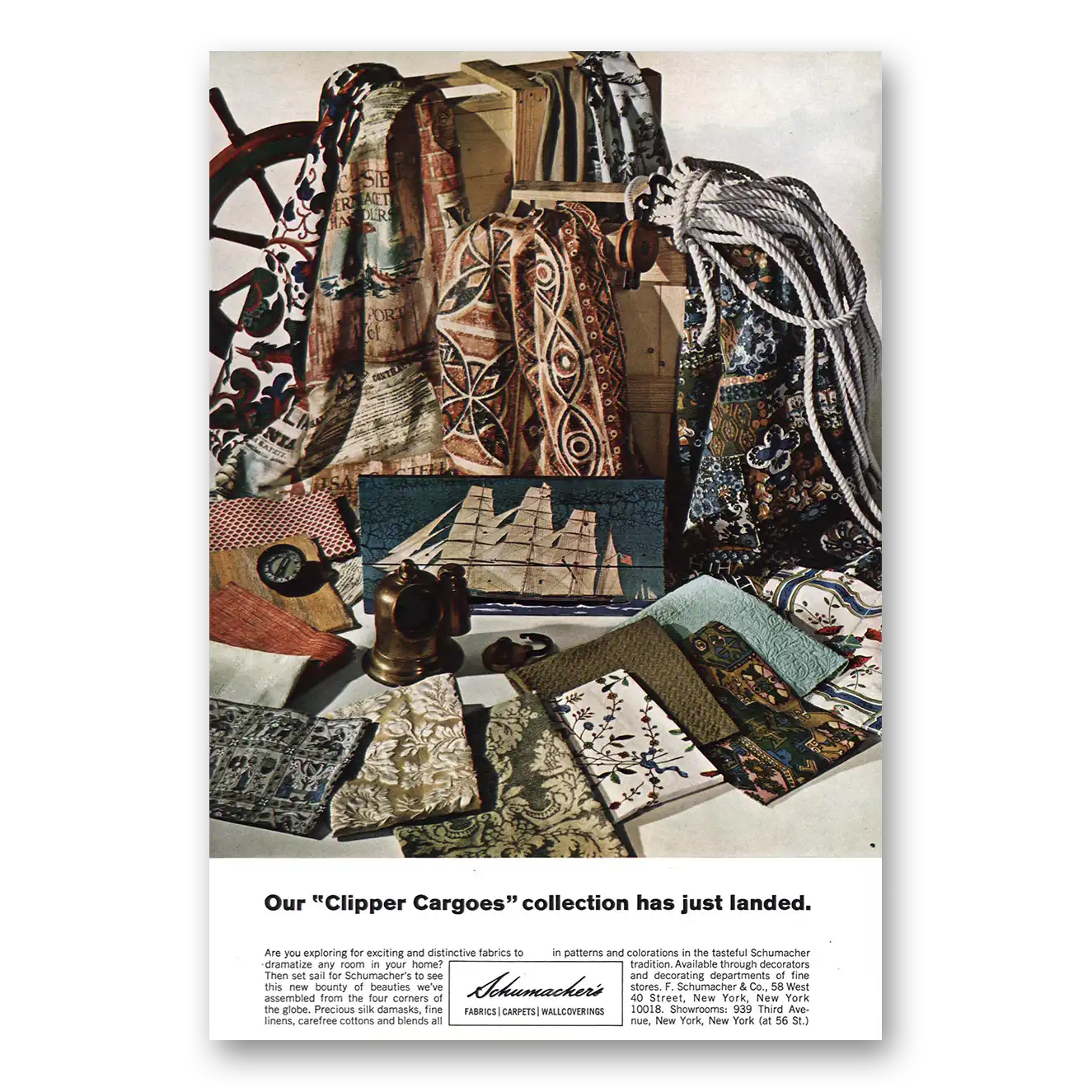 1967 Schumacher Fabrics Clipper Cargoes Vintage Magazine Print Ad