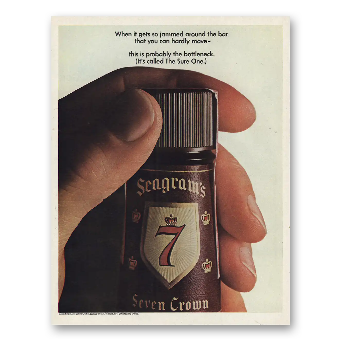 1967 Seagrams 7 Crown Whiskey When It Gets So Jammed Around the Bar Vintage Magazine Print Ad