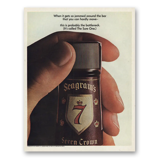 1967 Seagrams 7 Crown Whiskey When It Gets So Jammed Around the Bar Vintage Magazine Print Ad