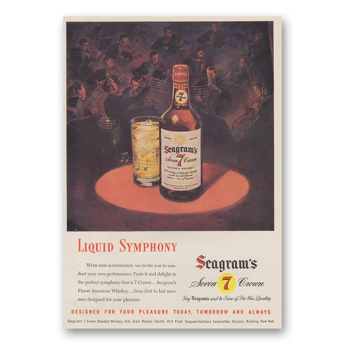 1947 Seagrams 7 Crown Whiskey Seven Crown Liquid Symphony Vintage Magazine Print Ad