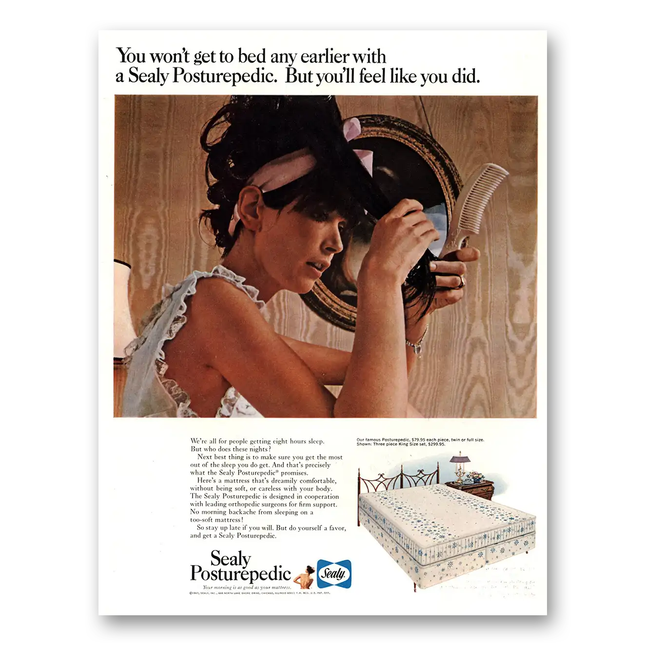 1967 Sealy Posturepedic Mattress You Won't Get To Bed Any Earlier Vintage Magazine Print Ad