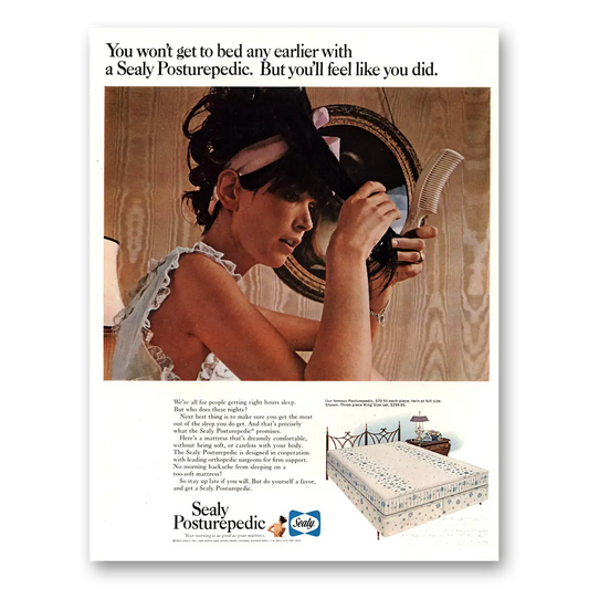 1967 Sealy Posturepedic Mattress You Won't Get To Bed Any Earlier Vintage Magazine Print Ad