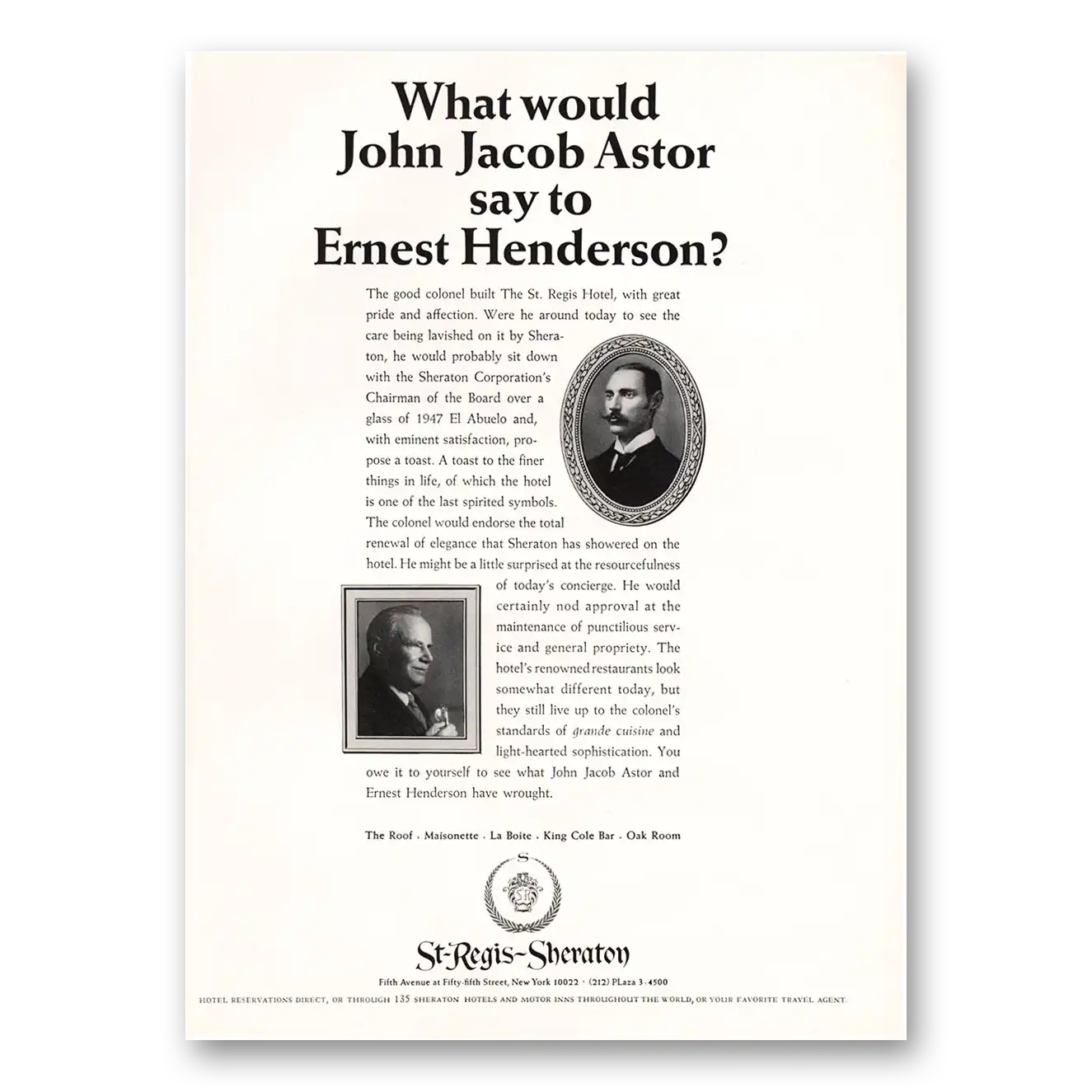 1967 St Regis Sheraton Hotel John Jacob Astor to Ernest Henderson Vintage Magazine Print Ad