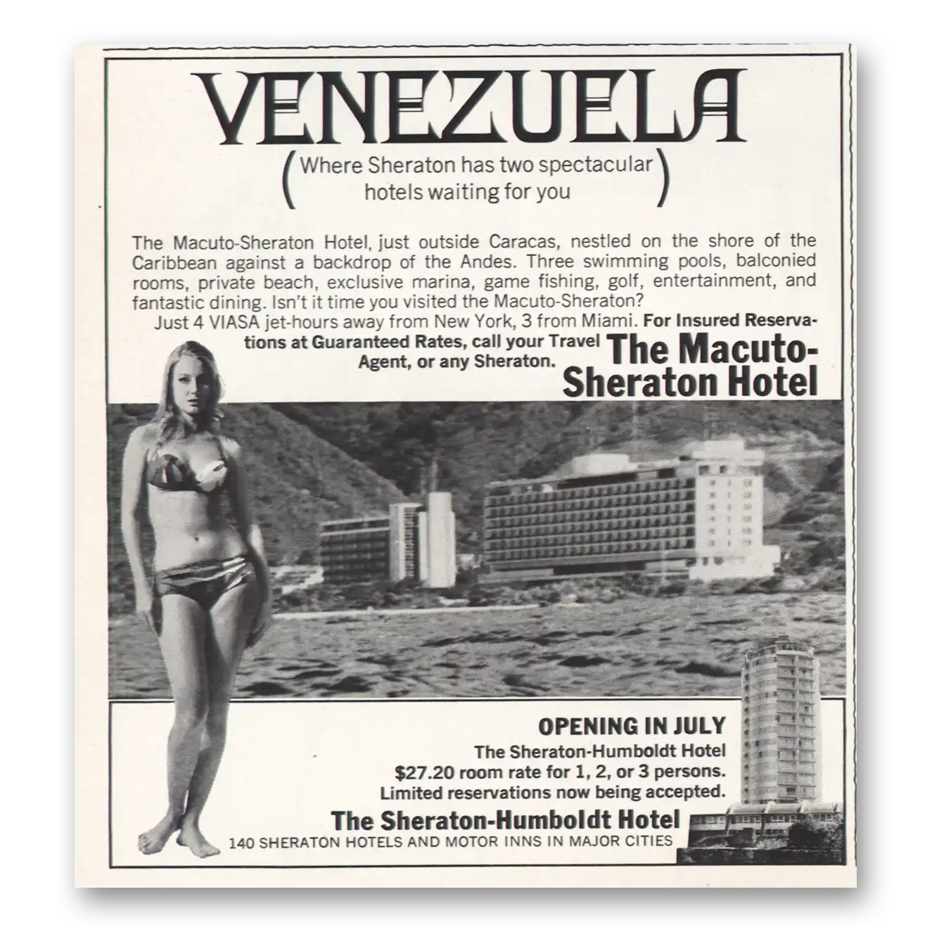 1967 Sheraton Hotels Venezuela Vintage Magazine Print Ad