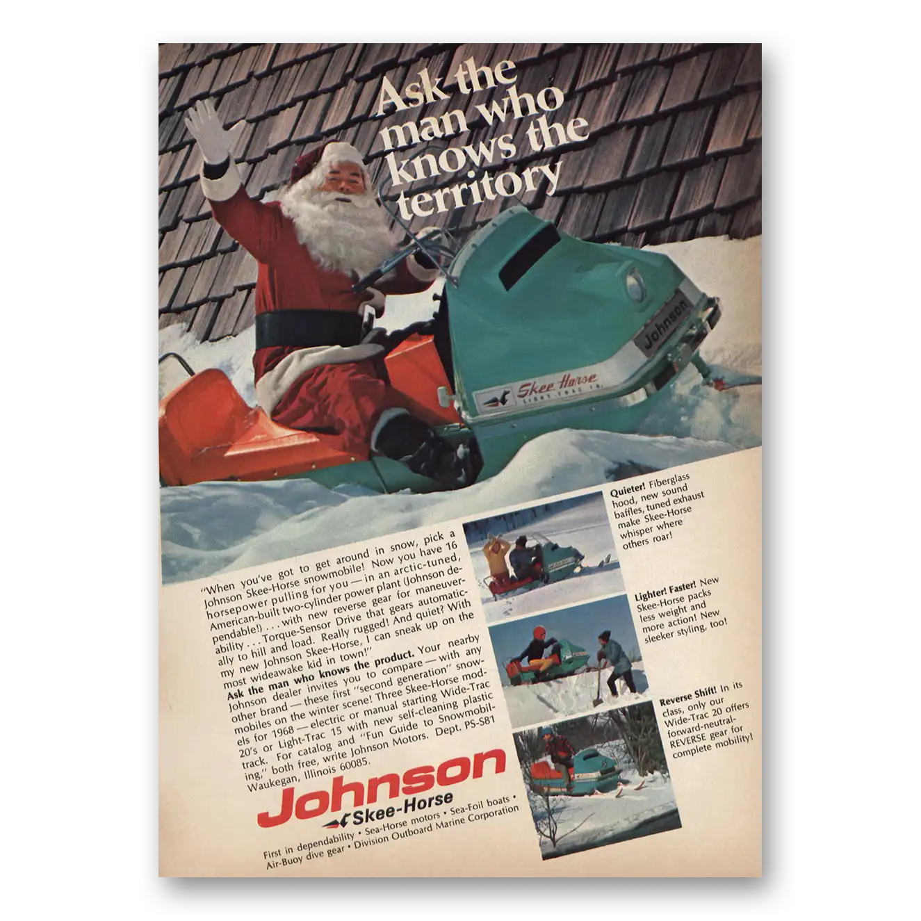 1967 Skee Horse Snowmobiles Santa Man Who Knows Territory Vintage Magazine Print Ad