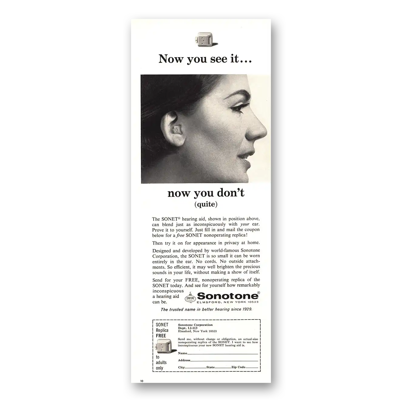 1967 Sonotone Hearing Aid Now You See It Vintage Magazine Print Ad