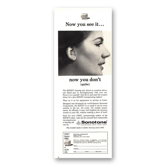 1967 Sonotone Hearing Aid Now You See It Vintage Magazine Print Ad