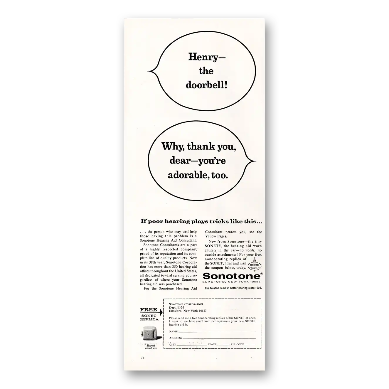 1967 Sonotone Hearing Aid Henry the Doorbell Vintage Magazine Print Ad