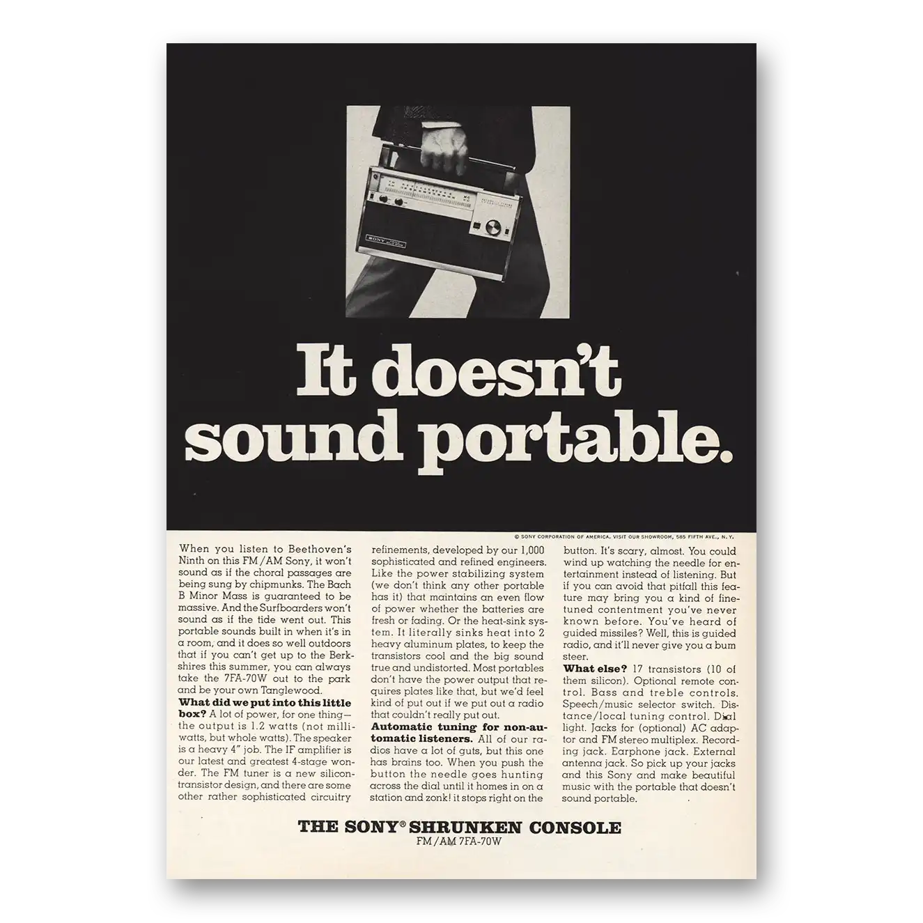 1967 Sony Doesn’t Sound Portable Vintage Magazine Print Ad