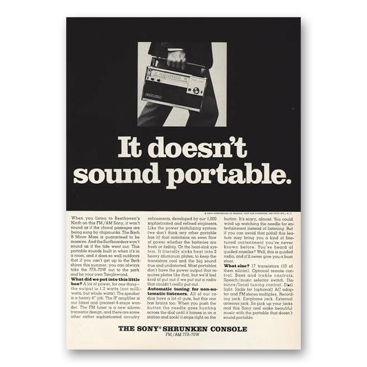 1967 Sony Doesn’t Sound Portable Vintage Magazine Print Ad