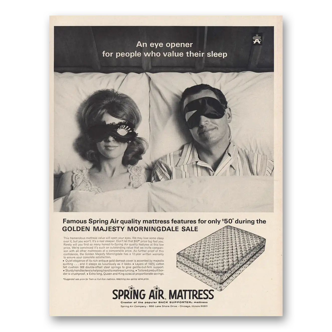 1967 Spring Air Mattress Eye Opener for People Value Their Sleep Vintage Magazine Print Ad