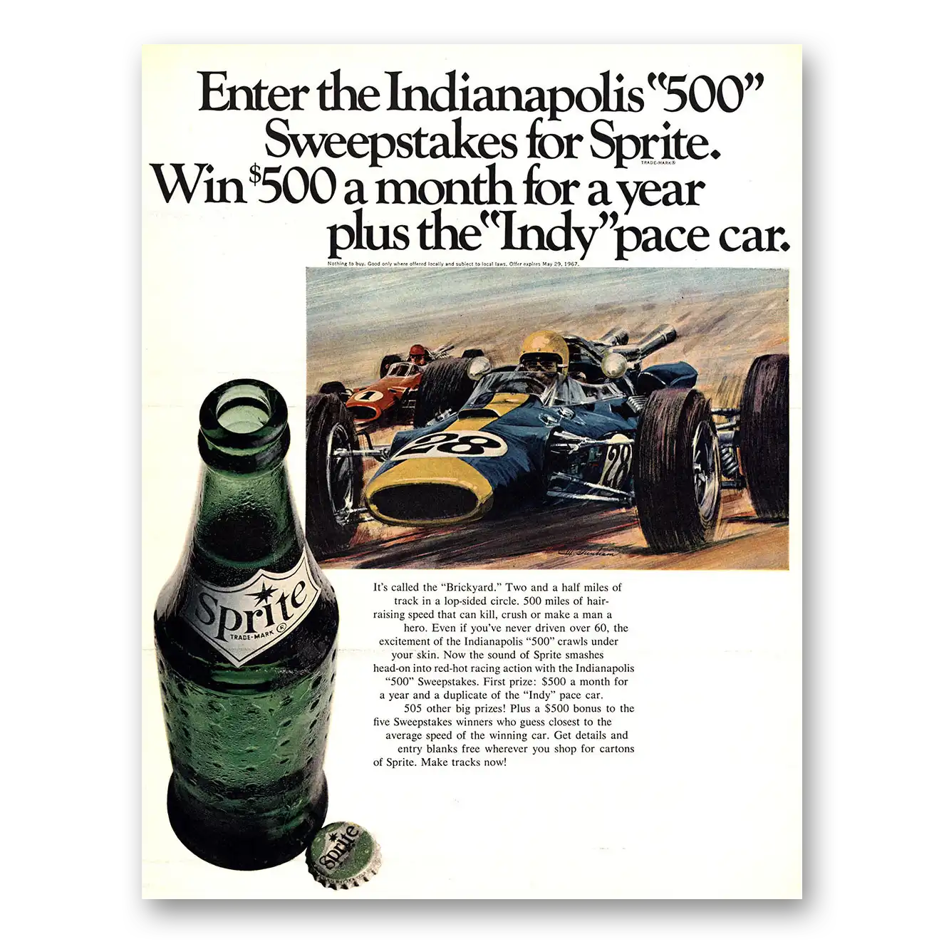 1967 Sprite Indianapolis 500 Sweepstakes Vintage Magazine Print Ad