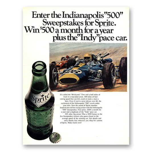 1967 Sprite Indianapolis 500 Sweepstakes Vintage Magazine Print Ad