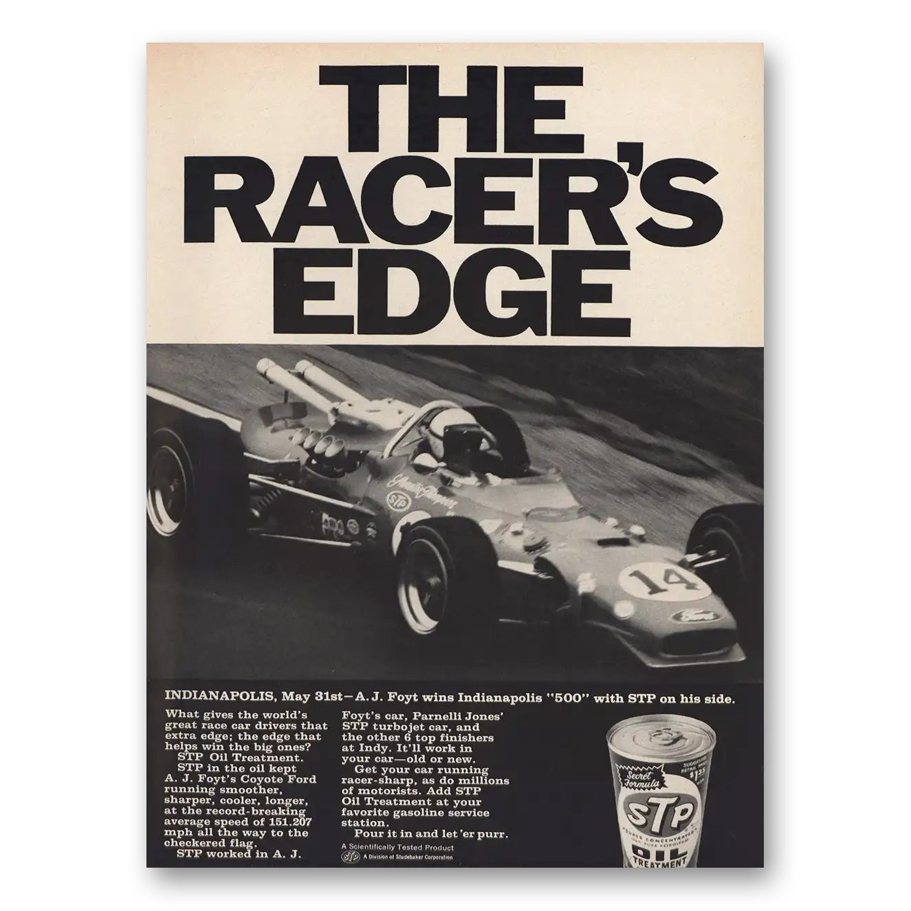 1967 STP Oil Racers Edge A J Foyt Indianapolis Vintage Magazine Print Ad