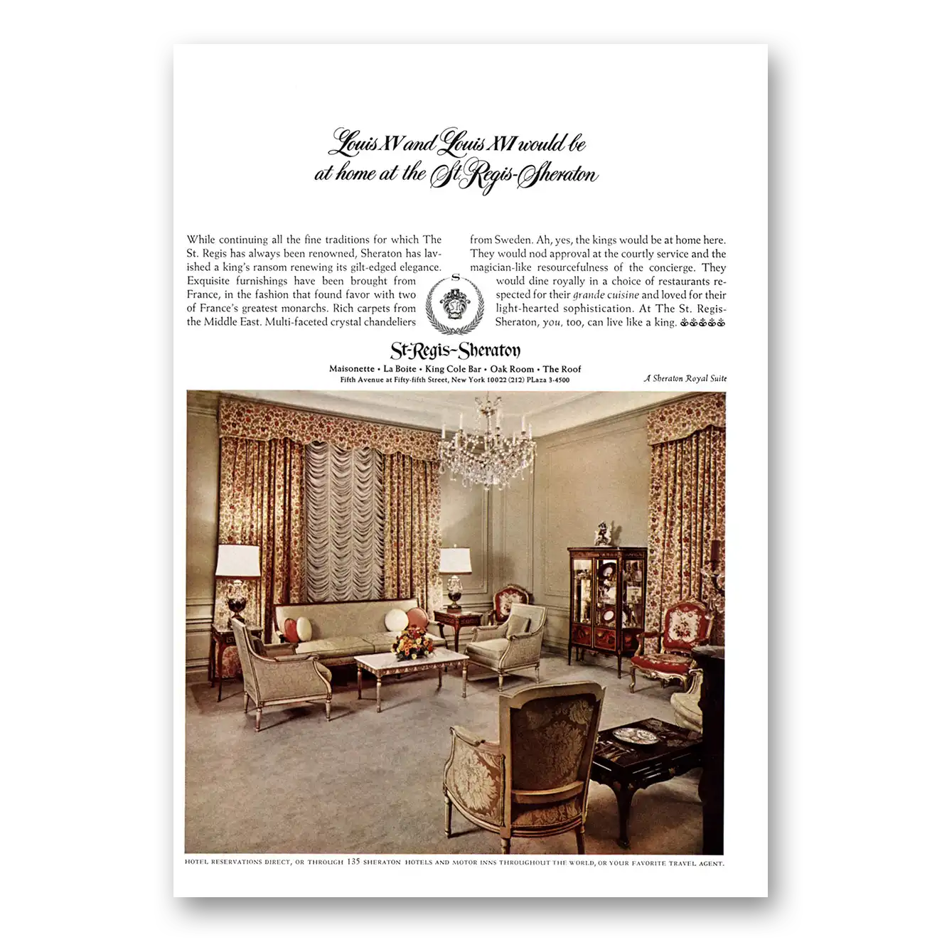 1967 St Regis Sheraton Hotel Louis XV Louis XVI Would Be at Home Vintage Magazine Print Ad