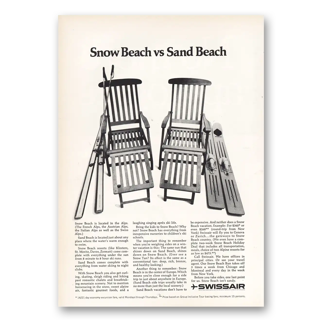 1967 Swissair Snow Beach vs Sand Beach Vintage Magazine Print Ad