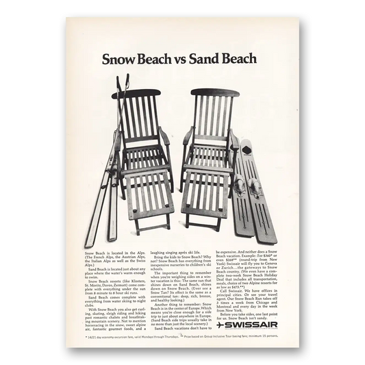 1967 Swissair Snow Beach vs Sand Beach Vintage Magazine Print Ad