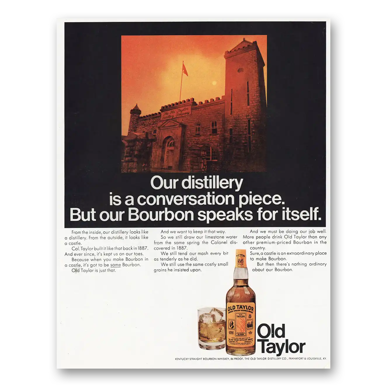 1967 Old Taylor Bourbon Whiskey Distillery Is a Conversation Piece Vintage Magazine Print Ad