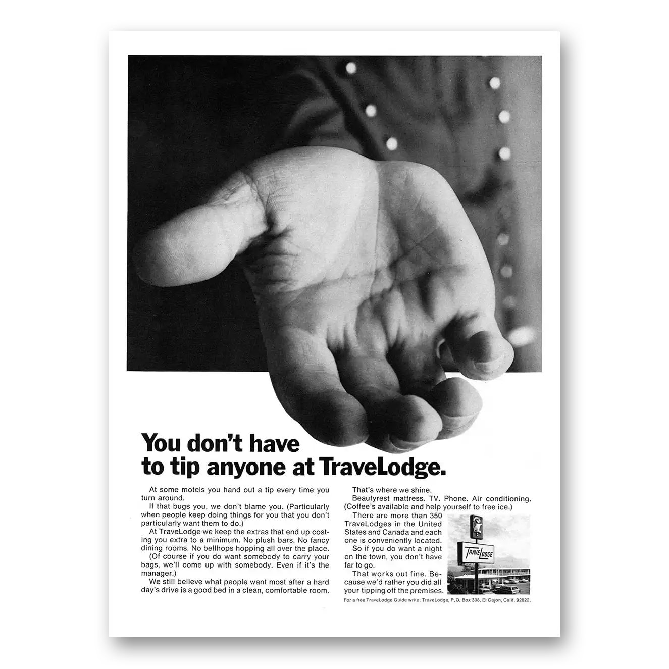 1967 Travelodge You Don't Have to Tip Anyone Vintage Magazine Print Ad