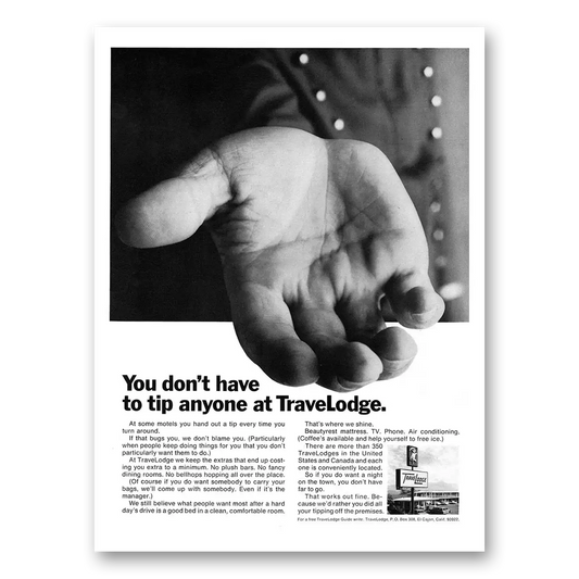 1967 Travelodge You Don't Have to Tip Anyone Vintage Magazine Print Ad