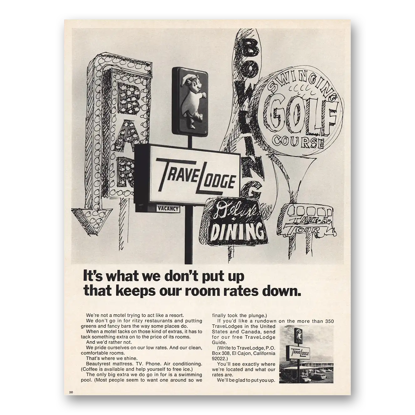 1967 Travelodge Keeps Our Room Rates Down Vintage Magazine Print Ad