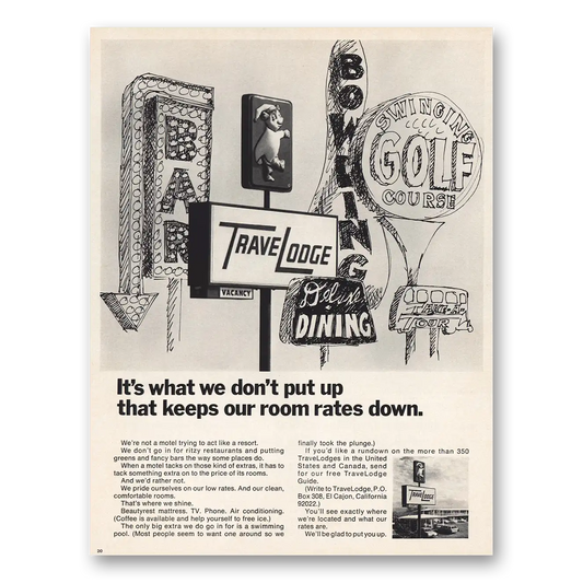 1967 Travelodge Keeps Our Room Rates Down Vintage Magazine Print Ad