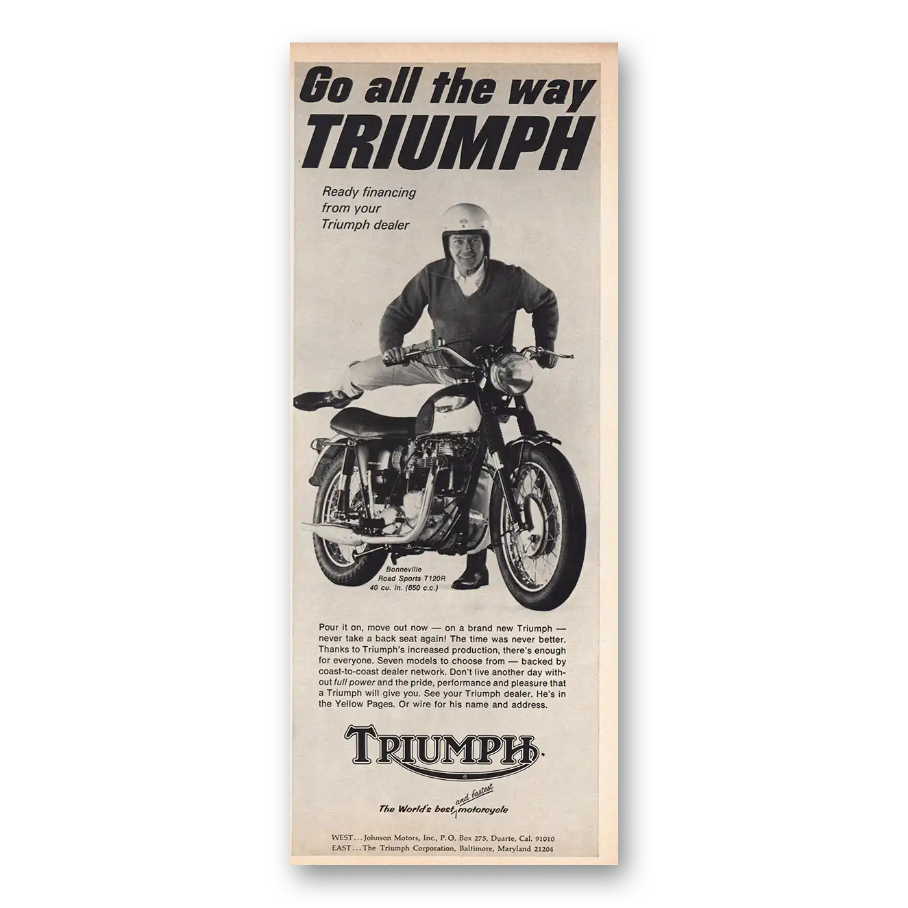 1967 Triumph Motorcycle Go All the Way Vintage Magazine Print Ad