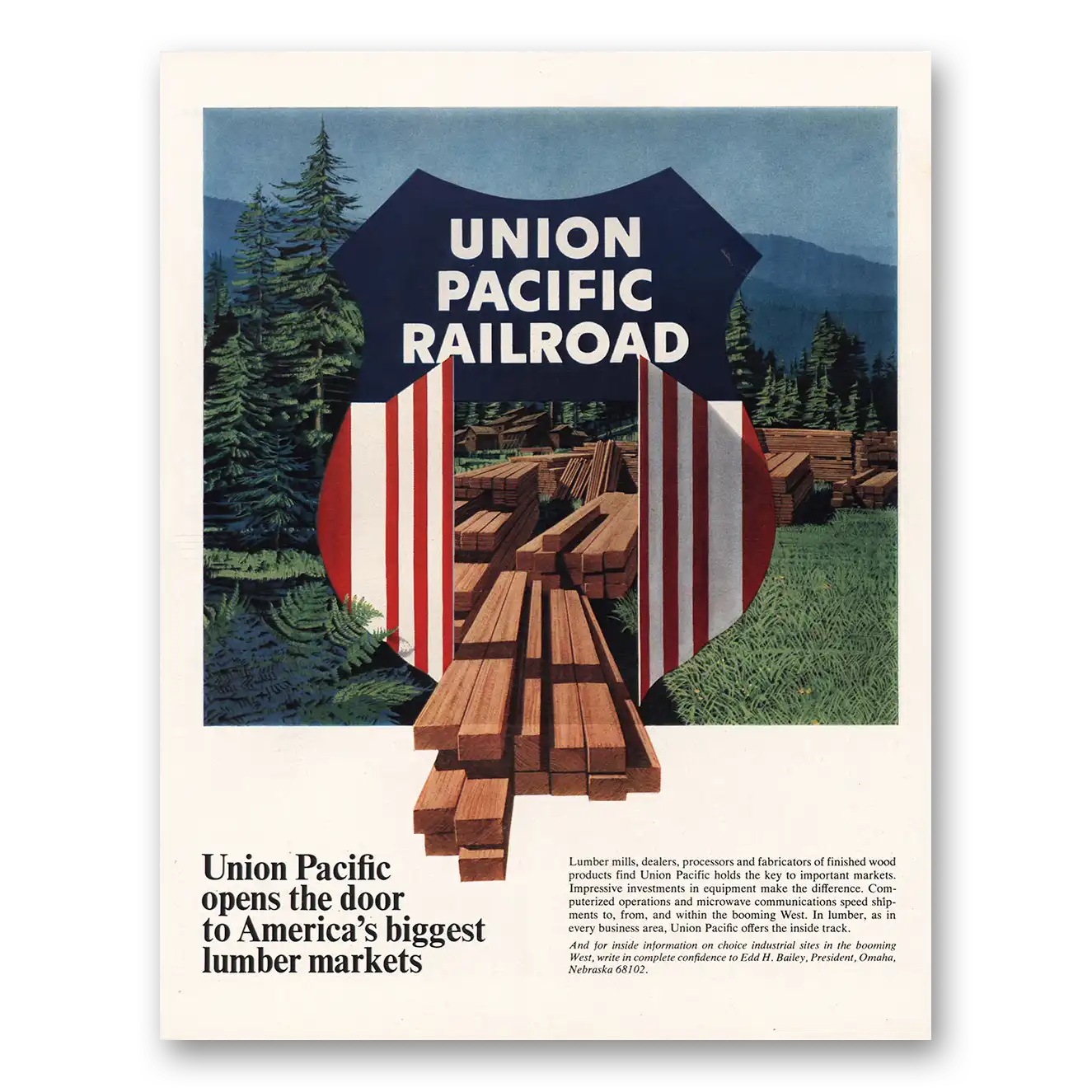 1967 Union Pacific Railroad Opens Door Lumber Markets Vintage Magazine Print Ad