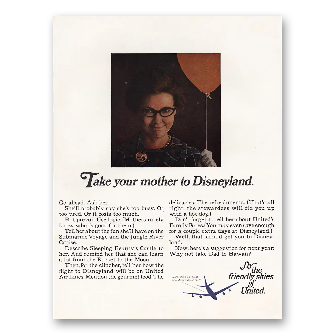 1967 United Airlines Take Your Mother to Disneyland Vintage Magazine Print Ad