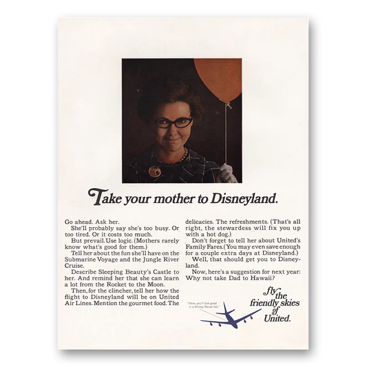 1967 United Airlines Take Your Mother to Disneyland Vintage Magazine Print Ad