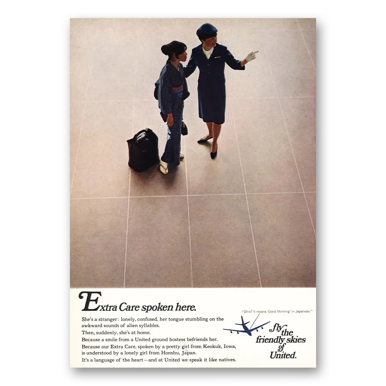 1967 United Airlines Extra Care Spoken Here Vintage Magazine Print Ad