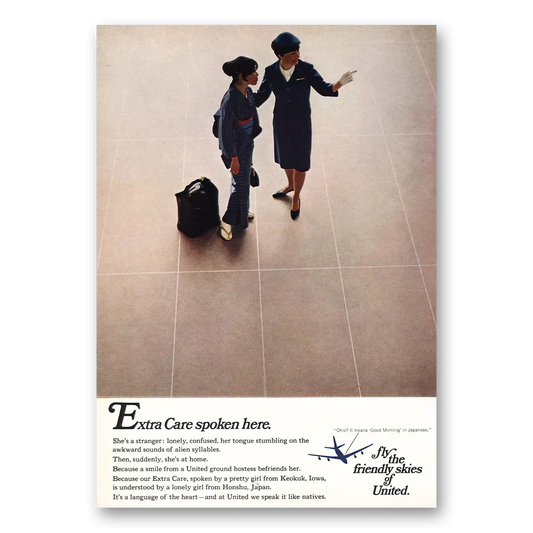 1967 United Airlines Extra Care Spoken Here Vintage Magazine Print Ad