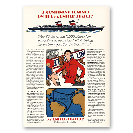 1967 United States Lines 3 Continent Seafari Vintage Magazine Print Ad