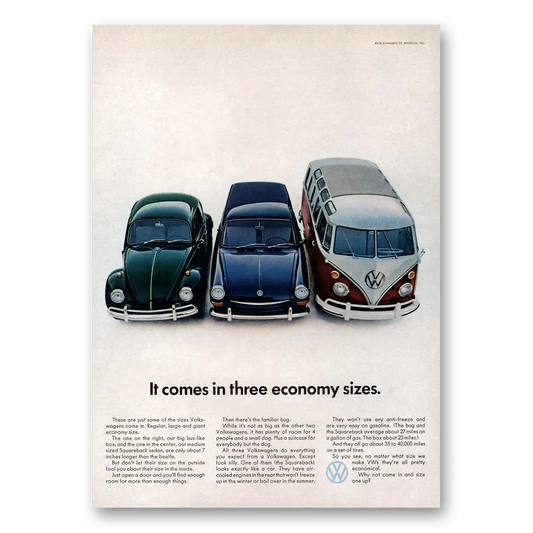 1967 Volkswagen Comes In Three Economy Sizes Vintage Magazine Print Ad