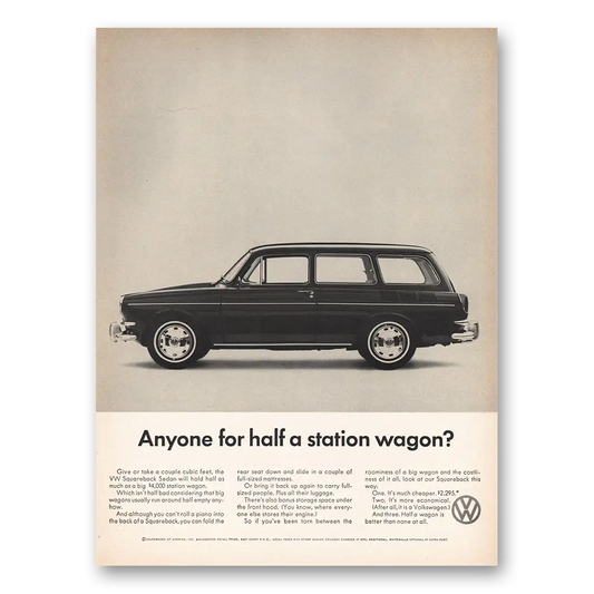 1967 Volkswagen Squareback Sedan Anyone for Half a Station Wagon Vintage Magazine Print Ad