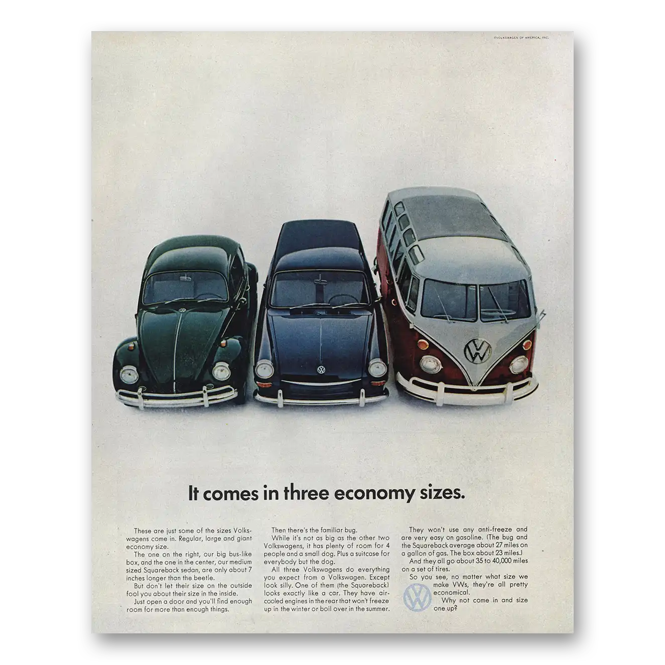 1967 Volkswagen Three Economy Sizes Vintage Magazine Print Ad