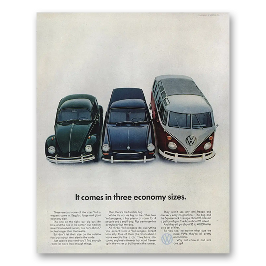 1967 Volkswagen Three Economy Sizes Vintage Magazine Print Ad