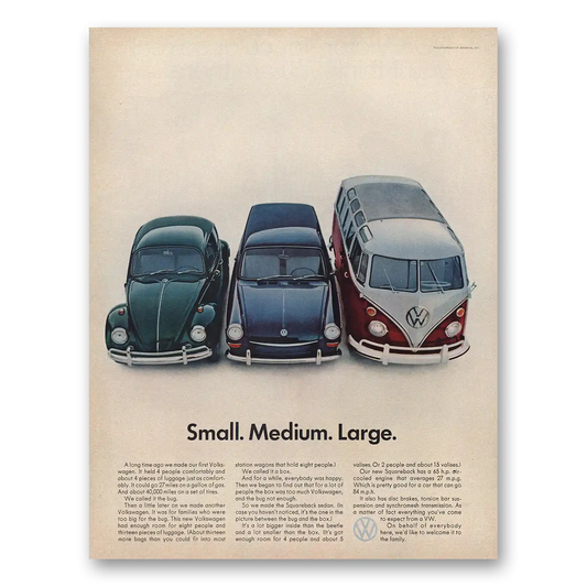 1967 Volkswagen Small Medium Large Vintage Magazine Print Ad