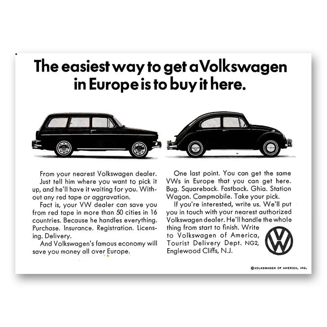 1967 Volkswagen Easiest Way to Get a Volkswagen in Europe Vintage Magazine Print Ad