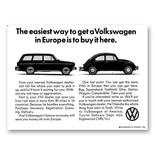 1967 Volkswagen Easiest Way to Get a Volkswagen in Europe Vintage Magazine Print Ad