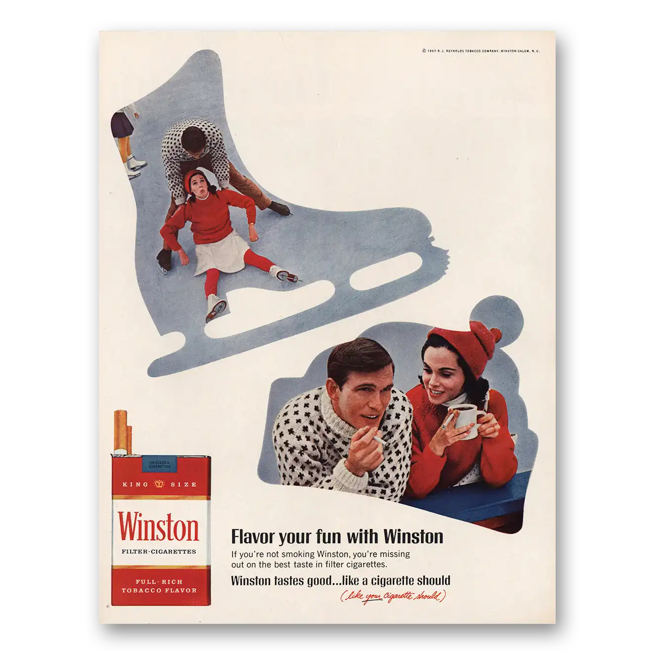 1967 Winston Cigarettes Flavor Your Fun Ice Skates Vintage Magazine Print Ad