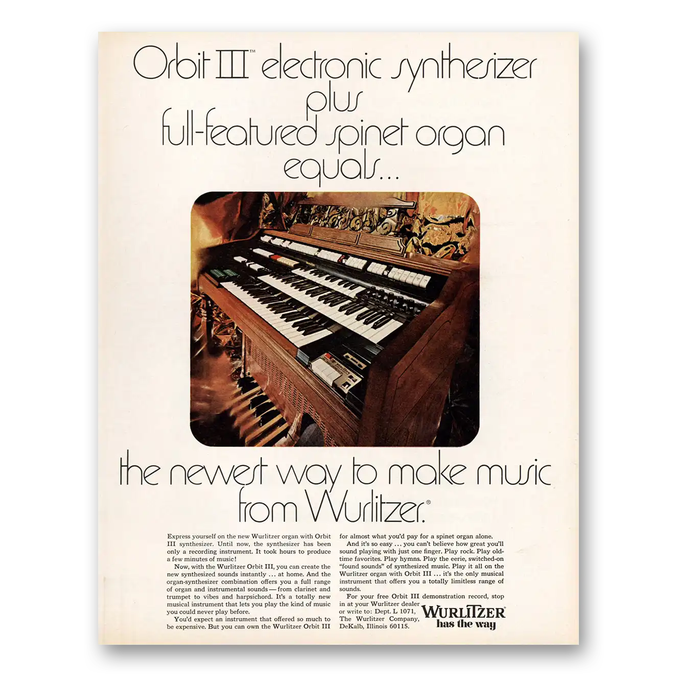 1967 Wurlitzer Organ Orbit III Electronic Synthesizer Vintage Magazine Print Ad