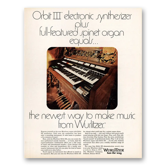 1967 Wurlitzer Organ Orbit III Electronic Synthesizer Vintage Magazine Print Ad