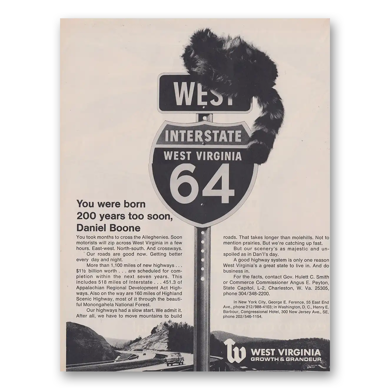 1967 West Virginia Born 200 Years Too Soon Daniel Boone Vintage Magazine Print Ad