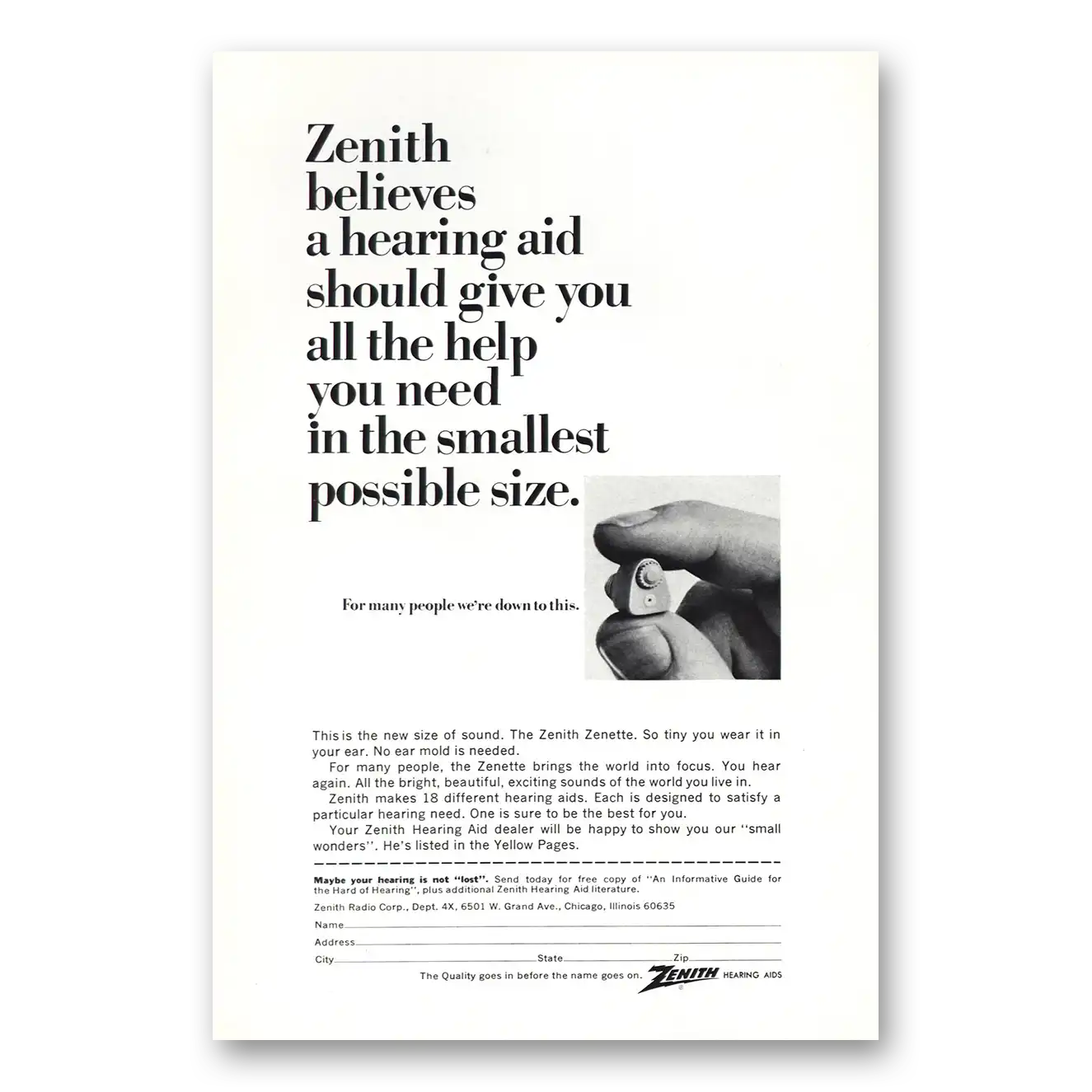 1967 Zenith Hearing Aid Smallest Possible Size Vintage Magazine Print Ad