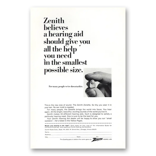 1967 Zenith Hearing Aid Smallest Possible Size Vintage Magazine Print Ad